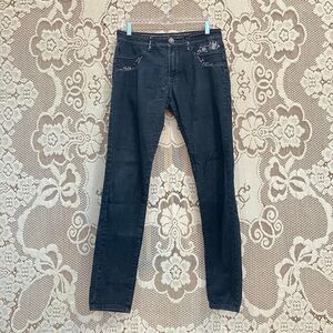 Y2K dark wash blue denim skinny jeans with silver heart embroidery & rhinestones